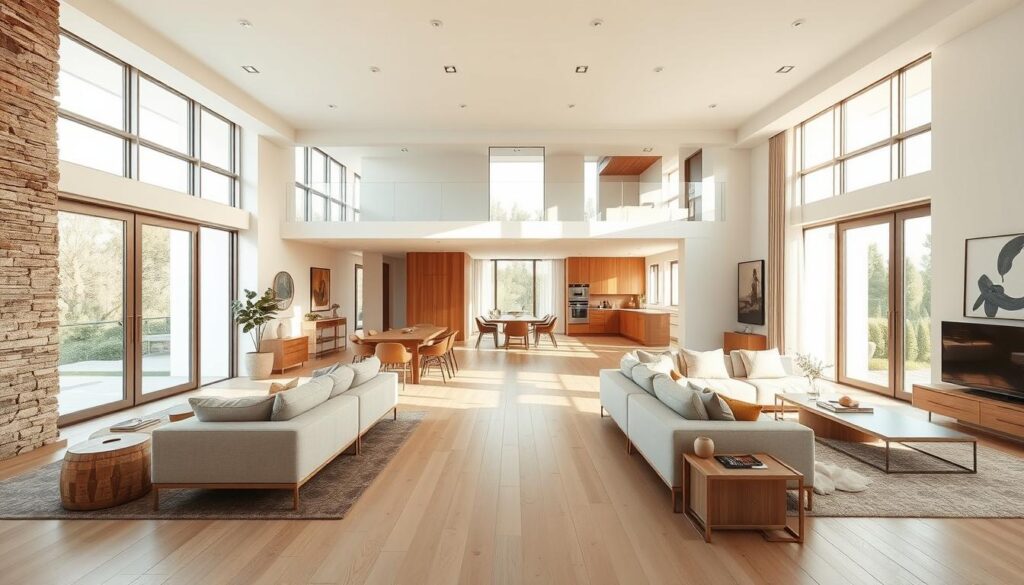 A modern, open-plan living space with a seamless flow between rooms. The central hallway, or "amfilada," serves as the visual and spatial axis, connecting the different functional zones. Warm, natural lighting filters in through large windows, casting a soft glow over the minimalist, Scandinavian-inspired decor. Clean lines, neutral tones, and natural materials like wood and stone create a serene, sophisticated ambiance. Subtle textural contrasts and carefully curated furnishings and artworks add visual interest. The overall layout and design prioritize openness, flexibility, and a harmonious integration of the different living areas. A modern, open-plan living space with a seamless flow between rooms. The central hallway, or "amfilada," serves as the visual and spatial axis, connecting the different functional zones. Warm, natural lighting filters in through large windows, casting a soft glow over the minimalist, Scandinavian-inspired decor. Clean lines, neutral tones, and natural materials like wood and stone create a serene, sophisticated ambiance. Subtle textural contrasts and carefully curated furnishings and artworks add visual interest. The overall layout and design prioritize openness, flexibility, and a harmonious integration of the different living areas.
