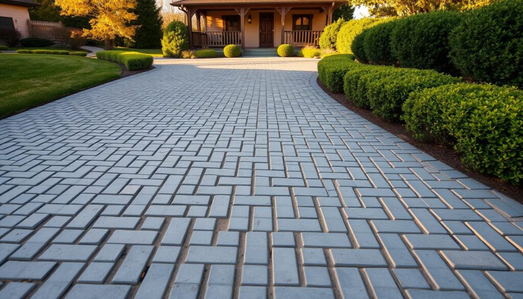 A neatly arranged driveway made of small, interlocking paving stones in shades of gray, creating a clean and uniform pattern. The driveway leads up to a cozy, two-story house with a welcoming porch. The scene is bathed in warm, golden sunlight, casting soft shadows and highlighting the subtle textures of the pavement. Lush, green shrubbery lines the edges of the driveway, adding a natural, inviting touch. The overall composition conveys a sense of elegant simplicity and a well-designed outdoor living space. A neatly arranged driveway made of small, interlocking paving stones in shades of gray, creating a clean and uniform pattern. The driveway leads up to a cozy, two-story house with a welcoming porch. The scene is bathed in warm, golden sunlight, casting soft shadows and highlighting the subtle textures of the pavement. Lush, green shrubbery lines the edges of the driveway, adding a natural, inviting touch. The overall composition conveys a sense of elegant simplicity and a well-designed outdoor living space.