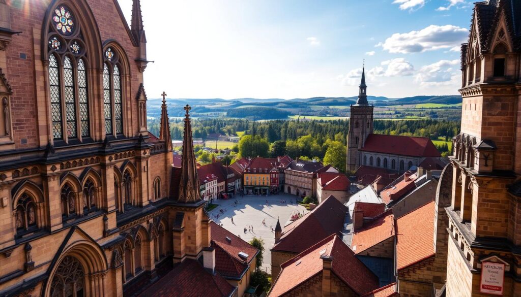 A serene medieval cathedral stands majestically in the foreground, its Romanesque architecture adorned with intricate carvings and ornate stonework. Sunlight filters through stained glass windows, casting a warm glow over the intricate sculptures and frescoes that adorn the interior. In the middle ground, a bustling town square is surrounded by quaint stone buildings, their roofs topped with red tiles. In the distance, rolling hills and lush forests stretch out, creating a picturesque landscape that evokes the essence of Romanesque art in Poland. The scene conveys a sense of timeless beauty and historical significance, capturing the essence of this architectural and artistic period. A serene medieval cathedral stands majestically in the foreground, its Romanesque architecture adorned with intricate carvings and ornate stonework. Sunlight filters through stained glass windows, casting a warm glow over the intricate sculptures and frescoes that adorn the interior. In the middle ground, a bustling town square is surrounded by quaint stone buildings, their roofs topped with red tiles. In the distance, rolling hills and lush forests stretch out, creating a picturesque landscape that evokes the essence of Romanesque art in Poland. The scene conveys a sense of timeless beauty and historical significance, capturing the essence of this architectural and artistic period.