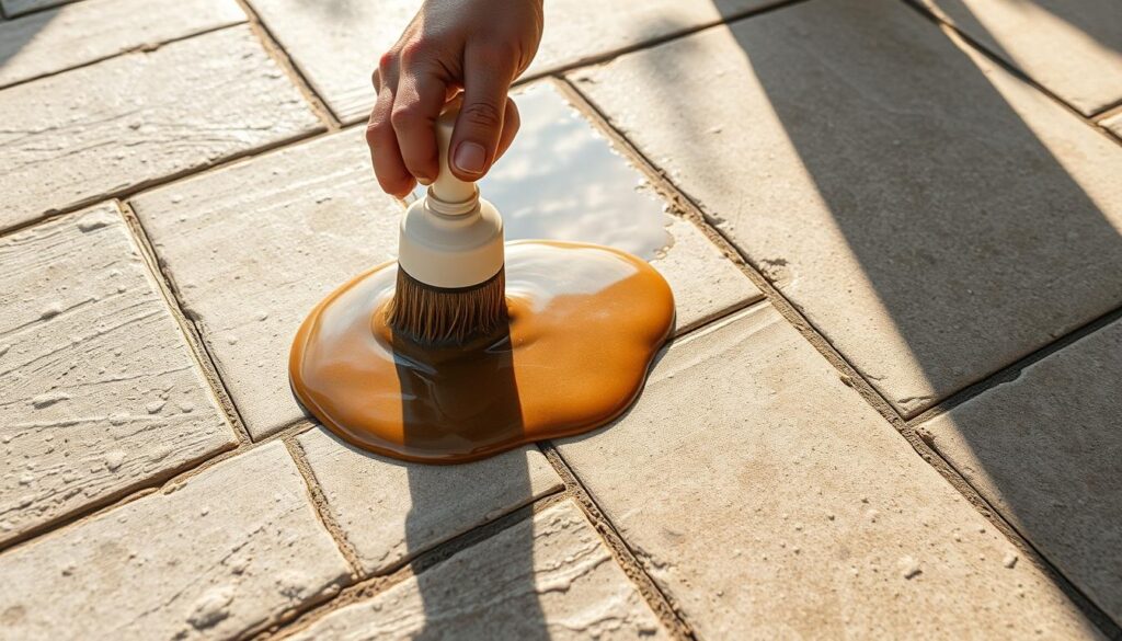 A well-lit, high-angle shot of a hand carefully applying a wet, glossy concrete sealant onto a textured stone patio. The impregnat glistens as it is spread evenly across the rough surface, creating a polished, water-repellent finish. Sunlight filters through soft clouds, casting warm shadows and highlights that enhance the sheen of the treated pavers. The scene conveys a sense of precise, methodical application, with the goal of achieving a uniform, "wet look" effect on the patio. A well-lit, high-angle shot of a hand carefully applying a wet, glossy concrete sealant onto a textured stone patio. The impregnat glistens as it is spread evenly across the rough surface, creating a polished, water-repellent finish. Sunlight filters through soft clouds, casting warm shadows and highlights that enhance the sheen of the treated pavers. The scene conveys a sense of precise, methodical application, with the goal of achieving a uniform, "wet look" effect on the patio.