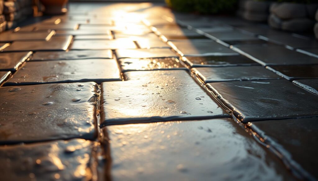 A well-lit, high-quality photograph of a freshly laid and sealed paving stone walkway or patio. The stones have a glossy, wet-look finish, with small water droplets visible on the surface. The lighting should create a warm, inviting atmosphere, with subtle shadows that accentuate the texture and shape of the individual stones. The focus should be on the foreground, with a slightly blurred, indistinct background to draw the viewer's attention to the main subject. The image should convey the idea of a recently applied sealant or impregnator, highlighting the enhanced color and sheen of the paving stones. A well-lit, high-quality photograph of a freshly laid and sealed paving stone walkway or patio. The stones have a glossy, wet-look finish, with small water droplets visible on the surface. The lighting should create a warm, inviting atmosphere, with subtle shadows that accentuate the texture and shape of the individual stones. The focus should be on the foreground, with a slightly blurred, indistinct background to draw the viewer's attention to the main subject. The image should convey the idea of a recently applied sealant or impregnator, highlighting the enhanced color and sheen of the paving stones.