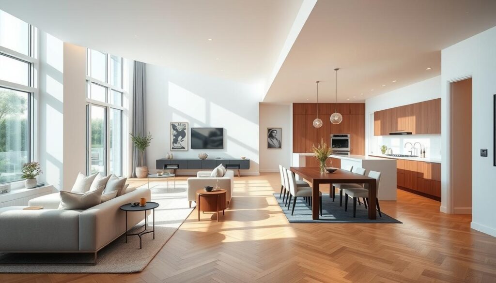 Elegant and functional layout of an amfilade in a modern apartment. A sunlit living room leads into a cozy dining area, with an open-plan kitchen visible at the end. Refined decor, clean lines, and seamless flow between spaces create a sense of harmony and spaciousness. High ceilings, large windows, and a neutral color palette contribute to the airy, inviting atmosphere. Subtle lighting fixtures accentuate architectural details. The amfilade layout maximizes the use of available square footage, promoting effortless movement and versatile zoning. An embodiment of contemporary residential design, this image exemplifies the advantages of the amfilade arrangement. Elegant and functional layout of an amfilade in a modern apartment. A sunlit living room leads into a cozy dining area, with an open-plan kitchen visible at the end. Refined decor, clean lines, and seamless flow between spaces create a sense of harmony and spaciousness. High ceilings, large windows, and a neutral color palette contribute to the airy, inviting atmosphere. Subtle lighting fixtures accentuate architectural details. The amfilade layout maximizes the use of available square footage, promoting effortless movement and versatile zoning. An embodiment of contemporary residential design, this image exemplifies the advantages of the amfilade arrangement.