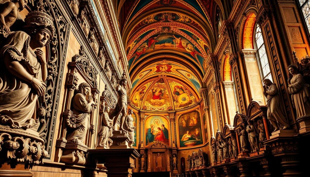 Romanesque sculpture and painting: a majestic display of intricate decorations. In the foreground, intricately carved stone reliefs depict religious motifs and mythological figures, their expressions conveying a sense of reverence and awe. The middle ground showcases vibrant frescoes adorning the walls, their rich colors and bold patterns creating a mesmerizing visual tapestry. In the background, the warm, golden lighting casts a serene glow, highlighting the ornate architectural details and the harmony between the sculptural and painted elements. The overall scene exudes a profound spiritual atmosphere, capturing the essence of Romanesque artistic innovation and the devotional spirit that permeated the era. Romanesque sculpture and painting: a majestic display of intricate decorations. In the foreground, intricately carved stone reliefs depict religious motifs and mythological figures, their expressions conveying a sense of reverence and awe. The middle ground showcases vibrant frescoes adorning the walls, their rich colors and bold patterns creating a mesmerizing visual tapestry. In the background, the warm, golden lighting casts a serene glow, highlighting the ornate architectural details and the harmony between the sculptural and painted elements. The overall scene exudes a profound spiritual atmosphere, capturing the essence of Romanesque artistic innovation and the devotional spirit that permeated the era.