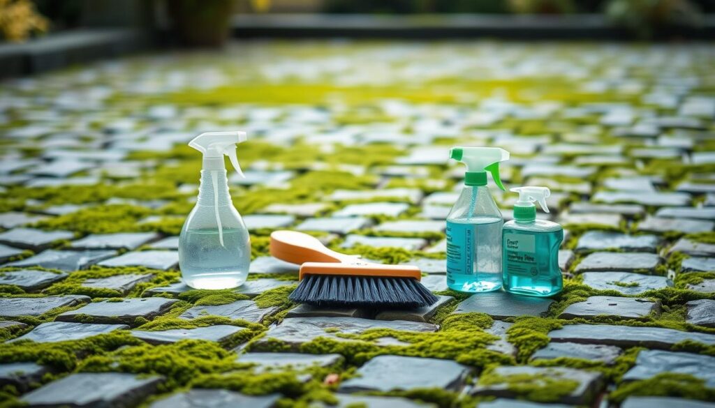 A close-up view of a cobblestone patio, with a prominent green moss or algae growth covering the surface. In the foreground, various chemical cleaning products are arranged, including a spray bottle, a scrub brush, and a bottle of detergent. The lighting is soft and diffused, creating a serene and contemplative atmosphere. The background is slightly blurred, emphasizing the focus on the cleaning tools and the stubborn green buildup on the cobblestones. The overall scene conveys a sense of a natural and eco-friendly approach to removing the unsightly green growth from the patio, with the chemical solutions serving as an effective alternative. A close-up view of a cobblestone patio, with a prominent green moss or algae growth covering the surface. In the foreground, various chemical cleaning products are arranged, including a spray bottle, a scrub brush, and a bottle of detergent. The lighting is soft and diffused, creating a serene and contemplative atmosphere. The background is slightly blurred, emphasizing the focus on the cleaning tools and the stubborn green buildup on the cobblestones. The overall scene conveys a sense of a natural and eco-friendly approach to removing the unsightly green growth from the patio, with the chemical solutions serving as an effective alternative.