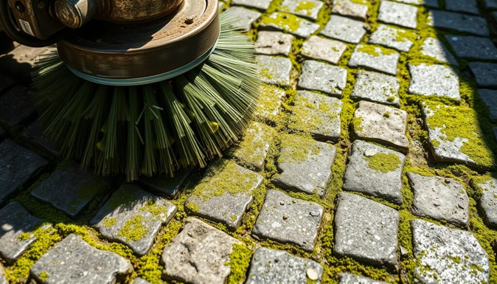 A close-up view of a mechanical brush scrubbing and cleaning weathered cobblestones, removing stubborn green algae and moss. The brushes spin vigorously, their bristles scraping against the textured stone surface, lifting dirt and grime. Bright sunlight casts dynamic shadows, highlighting the grooves and uneven texture of the cobblestones. The scene conveys the intensive, hands-on effort required to restore the natural color and luster of the pavement through mechanical means. The overall mood is one of focused, diligent labor, with a sense of the satisfying transformation from a worn, discolored appearance to a freshly cleaned, revitalized look. A close-up view of a mechanical brush scrubbing and cleaning weathered cobblestones, removing stubborn green algae and moss. The brushes spin vigorously, their bristles scraping against the textured stone surface, lifting dirt and grime. Bright sunlight casts dynamic shadows, highlighting the grooves and uneven texture of the cobblestones. The scene conveys the intensive, hands-on effort required to restore the natural color and luster of the pavement through mechanical means. The overall mood is one of focused, diligent labor, with a sense of the satisfying transformation from a worn, discolored appearance to a freshly cleaned, revitalized look.