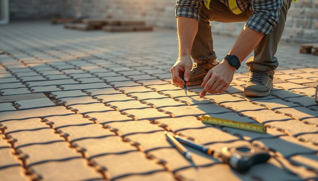 A construction worker carefully measuring and planning the layout of interlocking pavers on a neatly organized worksite. The scene is illuminated by warm, directional sunlight casting long shadows, creating a sense of depth and dimension. The paving stones are arranged in an orderly grid pattern, ready to be precisely cut and fitted into place. In the foreground, a tape measure, pencil, and markers suggest the meticulous preparation required for professional-grade paving. The background features a clean, uncluttered workspace, emphasizing the importance of planning and attention to detail in this specialized task. A construction worker carefully measuring and planning the layout of interlocking pavers on a neatly organized worksite. The scene is illuminated by warm, directional sunlight casting long shadows, creating a sense of depth and dimension. The paving stones are arranged in an orderly grid pattern, ready to be precisely cut and fitted into place. In the foreground, a tape measure, pencil, and markers suggest the meticulous preparation required for professional-grade paving. The background features a clean, uncluttered workspace, emphasizing the importance of planning and attention to detail in this specialized task.