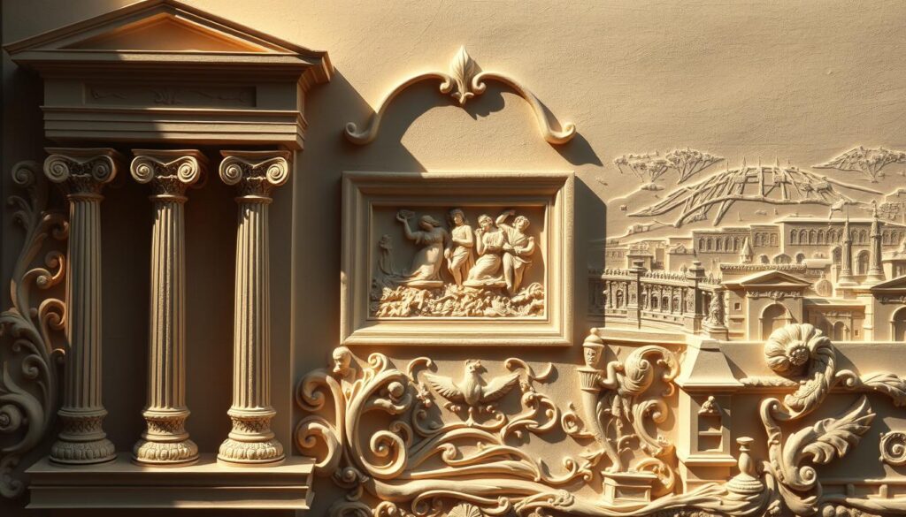 A detailed relief sculpture depicting a classical architectural scene. The foreground features intricate carvings of ornamental columns, pediments, and scrollwork, all rendered in a high-contrast technique that creates a sense of depth and dimension. The middle ground showcases a recessed relief panel with figures and decorative motifs, while the background suggests a grand, expansive landscape with distant buildings and horizon. Dramatic lighting casts sharp shadows, accentuating the sculptural quality of the relief. The overall composition conveys a sense of grandeur, craftsmanship, and technical mastery, capturing the essence of the "płaskorzeźba" art form. A detailed relief sculpture depicting a classical architectural scene. The foreground features intricate carvings of ornamental columns, pediments, and scrollwork, all rendered in a high-contrast technique that creates a sense of depth and dimension. The middle ground showcases a recessed relief panel with figures and decorative motifs, while the background suggests a grand, expansive landscape with distant buildings and horizon. Dramatic lighting casts sharp shadows, accentuating the sculptural quality of the relief. The overall composition conveys a sense of grandeur, craftsmanship, and technical mastery, capturing the essence of the "płaskorzeźba" art form.