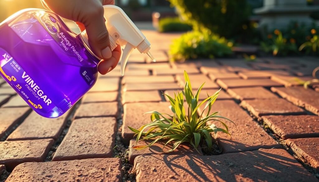A vibrant close-up view of a hand using a spray bottle to apply a natural vinegar solution onto a cluster of weeds growing between the cracks of a weathered brick patio. The scene is bathed in warm, golden afternoon sunlight, casting a soft, diffused glow on the textured surfaces. The foreground is in sharp focus, drawing the viewer's attention to the practical, eco-friendly weed control method. The middle ground reveals a well-maintained brick pathway, suggesting a tidy, well-kept outdoor space. The background fades into soft, hazy details, creating depth and a sense of tranquility. The overall composition conveys a sense of simple, effective gardening techniques that are both visually appealing and environmentally conscious.
