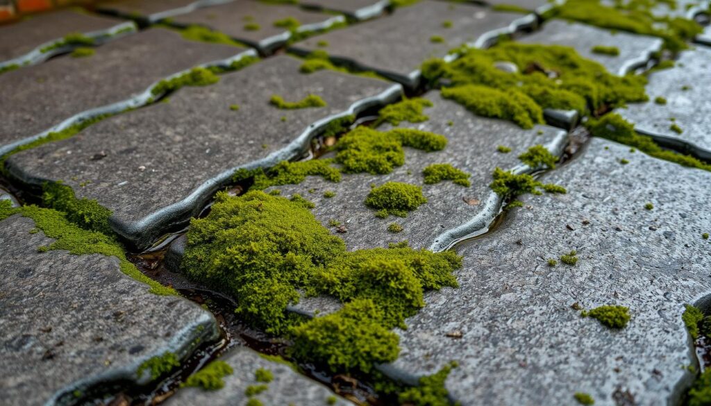 Detailed close-up view of mossy green biofilm covering the surface of weathered concrete pavers. The textured stone tiles are damp and glistening, with a slimy, uneven growth of algae and lichen. Shadows and highlights accentuate the irregular patterns and cracks in the paving. The overall atmosphere is damp, humid, and somewhat muted, with a subtle earthy color palette. Taken from a low angle to emphasize the natural textures and decay. Crisp focus and realistic rendering of the organic growth. Detailed close-up view of mossy green biofilm covering the surface of weathered concrete pavers. The textured stone tiles are damp and glistening, with a slimy, uneven growth of algae and lichen. Shadows and highlights accentuate the irregular patterns and cracks in the paving. The overall atmosphere is damp, humid, and somewhat muted, with a subtle earthy color palette. Taken from a low angle to emphasize the natural textures and decay. Crisp focus and realistic rendering of the organic growth.