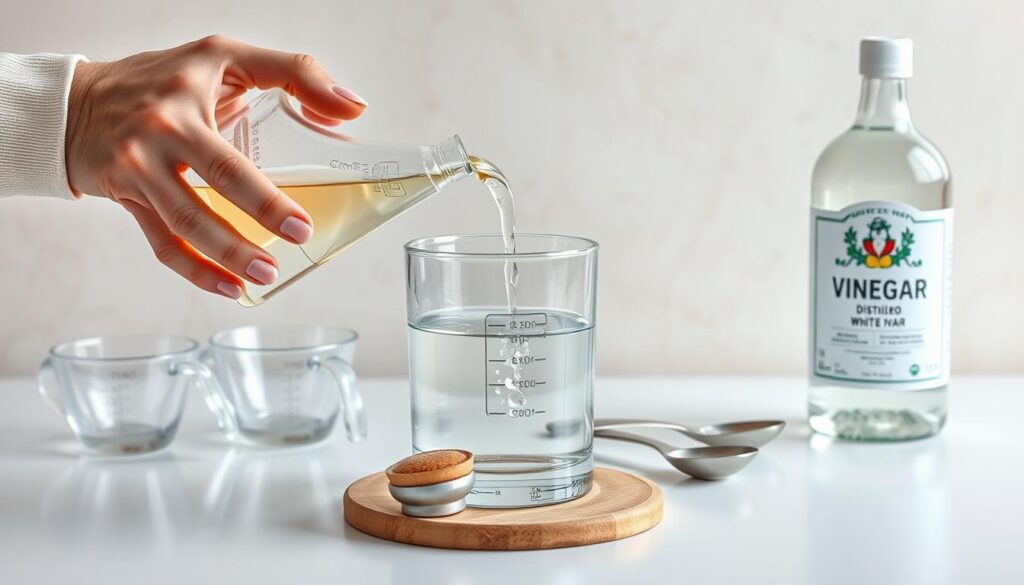 a meticulously detailed image of a person preparing a vinegar solution, set against a clean and well-lit backdrop. The foreground depicts hands carefully measuring and pouring vinegar into a clear glass container, with the movement and liquid motion captured in a photorealistic style. The middle ground showcases the various tools and ingredients used, such as measuring cups, spoons, and a bottle of distilled white vinegar, all arranged neatly on a pristine surface. The background provides a sense of context, with a neutral-toned wall or countertop creating a minimalist and uncluttered environment that allows the preparation process to be the focal point. The lighting is soft and natural, highlighting the transparency of the glass container and the clarity of the vinegar solution. The overall mood is one of precision, cleanliness, and a focused attention to detail, capturing the essence of the "Przygotowanie roztworu octowego" section of the article.