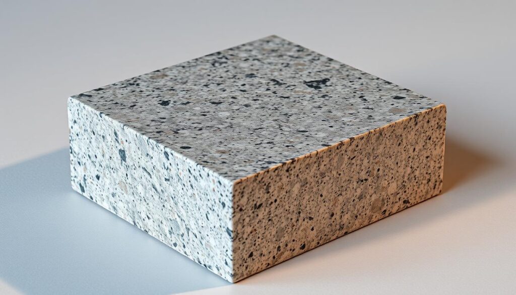 A close-up photograph of a granite block, its surface meticulously polished to a high sheen. The block rests on a neutral background, casting a subtle shadow that adds depth and dimensionality. The granite's intricate patterns and hues are captured in vivid detail, showcasing the natural beauty and durability of this timeless material. The lighting is soft and diffused, accentuating the stone's textural qualities and highlighting its refined, elegant appearance. The overall composition is balanced and visually striking, inviting the viewer to appreciate the unique properties and advantages of granite paving stones.