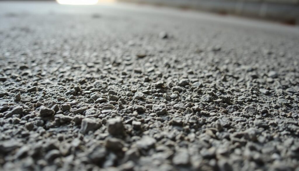 A close-up view of a dry concrete surface, showcasing its intricate textural properties. The foreground depicts the rough, grainy appearance of the dry concrete, with subtle variations in shades of gray and hints of aggregate peeking through. The middle ground reveals the density and compactness of the material, conveying a sense of solidity and durability. In the background, the lighting is soft and diffused, creating a natural, subdued atmosphere that emphasizes the technical, industrial nature of the subject. The overall composition is captured from a slightly elevated angle, providing a detailed, almost architectural perspective on the unique characteristics of dry concrete.