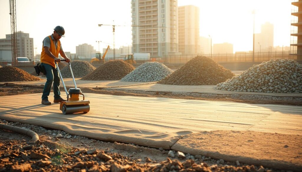 A construction site filled with the preparation for a dry concrete paving project. In the foreground, a worker levels a sandy base layer with a hand tamper, compacting the soil to create a stable foundation. In the middle ground, piles of gravel and crushed stone await distribution, their angular shapes and earthy tones contrasting with the smooth, manicured ground. In the background, the silhouettes of buildings and construction equipment loom, hinting at the larger urban context. Warm, diffused sunlight filters through the scene, casting long shadows and creating a sense of depth and atmosphere. The overall mood is one of organized, diligent labor, laying the groundwork for a successful paving project.