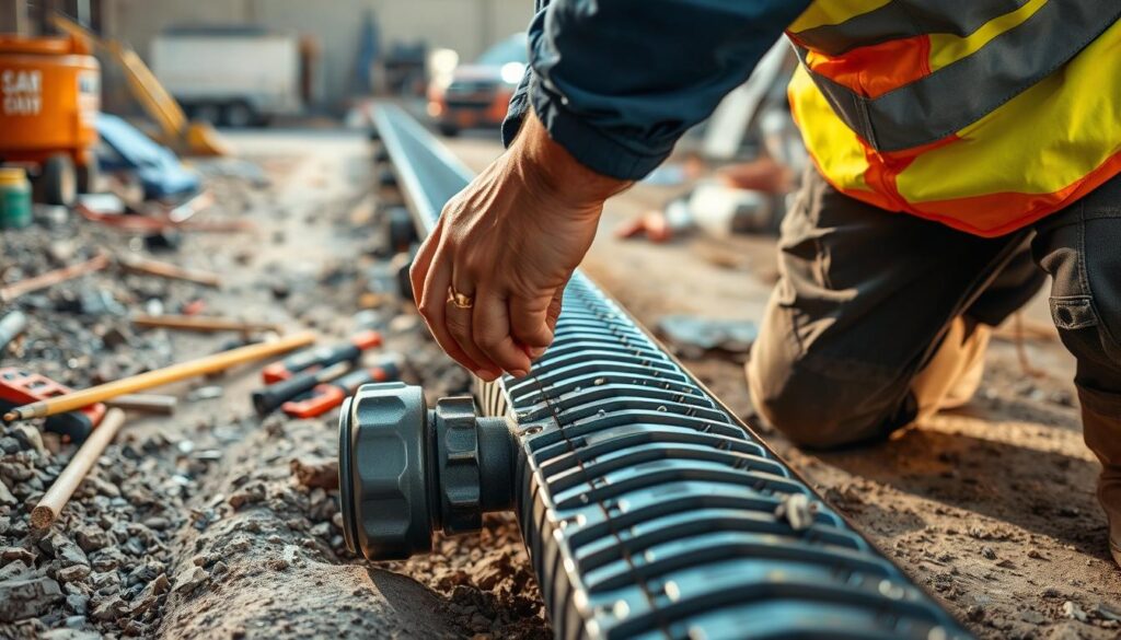 A construction worker performing maintenance on a linear drainage system, examining the pipes and joints, ensuring proper water flow and functionality. The scene is set in a construction site, with debris, tools, and equipment in the background. Bright, warm lighting illuminates the worker's diligent efforts, conveying a sense of professionalism and attention to detail. The composition emphasizes the worker's hands and the drainage components, highlighting the technical nature of the task. The overall mood is one of a skilled professional tackling a crucial maintenance procedure, with an air of problem-solving and attention to detail.