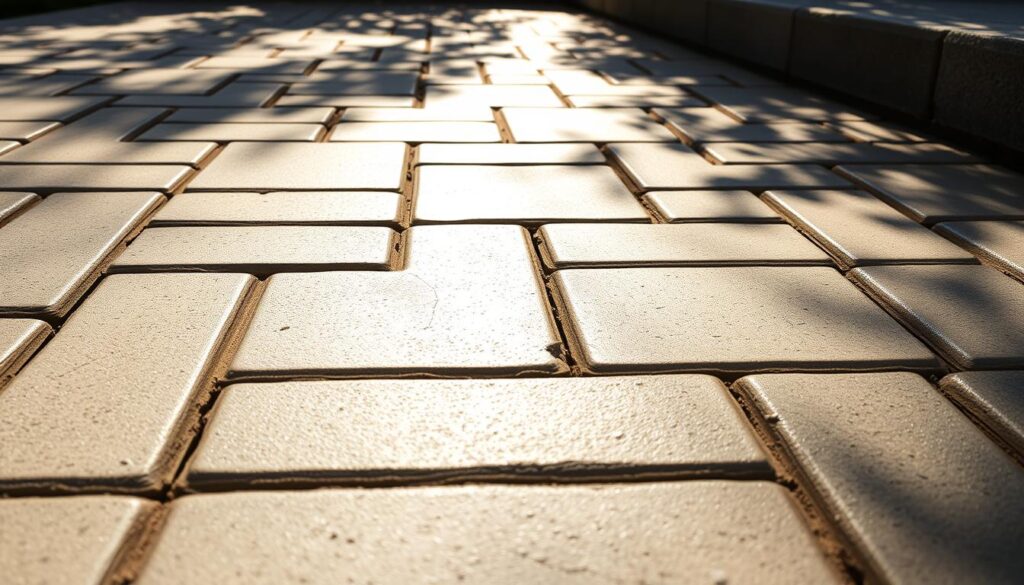 A detailed close-up view of freshly laid concrete pavers, their surfaces glistening with a layer of specialized sealant. The pavers are arranged in a uniform, interlocking pattern, with narrow joints filled with a complementary grout material. Dappled sunlight casts warm, soft shadows across the scene, highlighting the textural details of the pavers and the sheen of the sealant. The overall impression conveys a sense of durability, protection, and a well-crafted, meticulously maintained hardscaping installation. A detailed close-up view of freshly laid concrete pavers, their surfaces glistening with a layer of specialized sealant. The pavers are arranged in a uniform, interlocking pattern, with narrow joints filled with a complementary grout material. Dappled sunlight casts warm, soft shadows across the scene, highlighting the textural details of the pavers and the sheen of the sealant. The overall impression conveys a sense of durability, protection, and a well-crafted, meticulously maintained hardscaping installation.