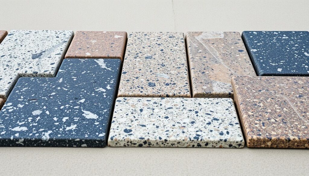 A high-quality close-up shot of various types of granite paving stones, arranged neatly on a plain, neutral-colored surface. The stones should display a range of natural textures, colors, and finishes, including polished, flamed, and split-faced varieties. Capture the intricate patterns and unique characteristics of each granite slab in crisp, detailed focus, with balanced lighting that accentuates the material's depth and luster. The overall composition should convey the diversity and versatility of granite as a premium paving material for driveways, patios, and walkways.
