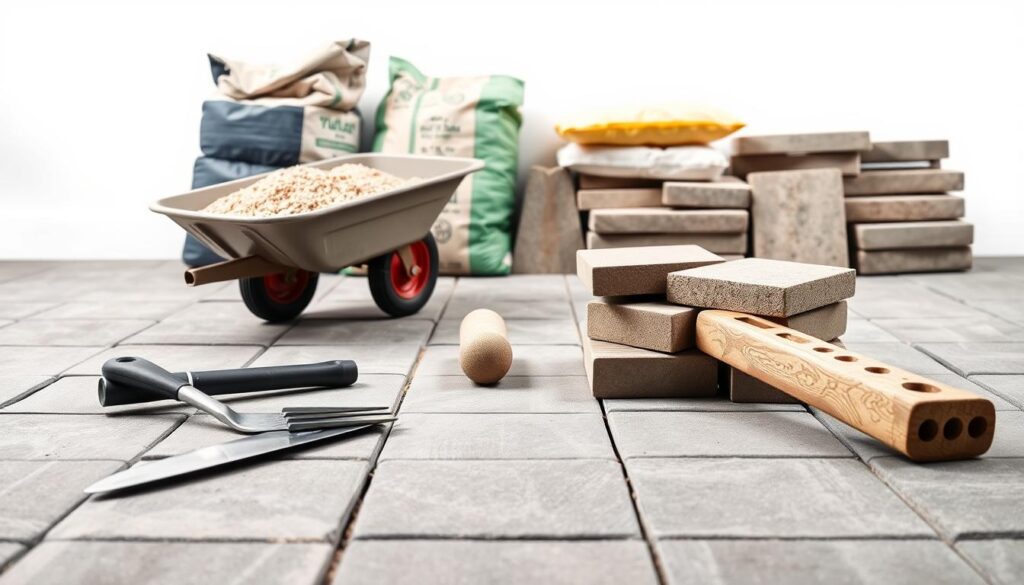 A neatly arranged collection of tools for laying paving stones, set against a clean, bright background. In the foreground, a trowel, mallet, and level lie ready for use. In the middle ground, a wheelbarrow holds bags of sand and gravel, essential materials for a solid foundation. In the background, a selection of paving stones of varying shapes and textures suggest the possibilities for the final design. Soft, diffused lighting illuminates the scene, creating a sense of order and professionalism. The overall mood is one of preparedness and anticipation, capturing the spirit of a successful paving project. A neatly arranged collection of tools for laying paving stones, set against a clean, bright background. In the foreground, a trowel, mallet, and level lie ready for use. In the middle ground, a wheelbarrow holds bags of sand and gravel, essential materials for a solid foundation. In the background, a selection of paving stones of varying shapes and textures suggest the possibilities for the final design. Soft, diffused lighting illuminates the scene, creating a sense of order and professionalism. The overall mood is one of preparedness and anticipation, capturing the spirit of a successful paving project.