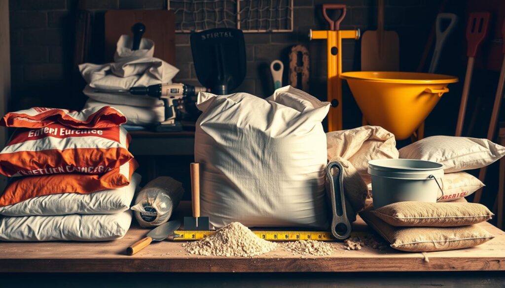 A neatly organized workbench with a variety of construction materials and tools for dry concrete work. In the foreground, bags of cement, gravel, and sand are stacked, alongside a trowel, a bucket, and a measuring tape. In the middle ground, a power drill, a mixing paddle, and a spirit level are arranged, while in the background, a wheelbarrow and a shovel stand ready. The scene is bathed in warm, directional lighting, creating deep shadows and highlights that accentuate the textures and materials. The overall mood is one of preparedness and efficiency, reflecting the practical needs of the dry concrete project.