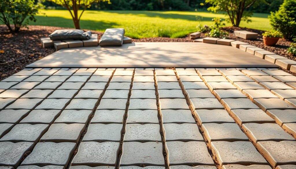 Laying concrete pavers step-by-step: A detailed tutorial in a warm, natural setting. The foreground features an array of interlocking concrete pavers in an organized layout, showcasing the precise placement and spacing. The middle ground depicts the concrete base, with a troweled finish, providing a sturdy foundation. In the background, a lush, verdant landscape with soft shadows and diffused natural lighting creates a serene, inviting atmosphere. The composition emphasizes the methodical process, guiding the viewer through the fundamental steps of this masonry technique. A high-resolution, photorealistic image captured with a wide-angle lens to capture the full scope of the project. Laying concrete pavers step-by-step: A detailed tutorial in a warm, natural setting. The foreground features an array of interlocking concrete pavers in an organized layout, showcasing the precise placement and spacing. The middle ground depicts the concrete base, with a troweled finish, providing a sturdy foundation. In the background, a lush, verdant landscape with soft shadows and diffused natural lighting creates a serene, inviting atmosphere. The composition emphasizes the methodical process, guiding the viewer through the fundamental steps of this masonry technique. A high-resolution, photorealistic image captured with a wide-angle lens to capture the full scope of the project.