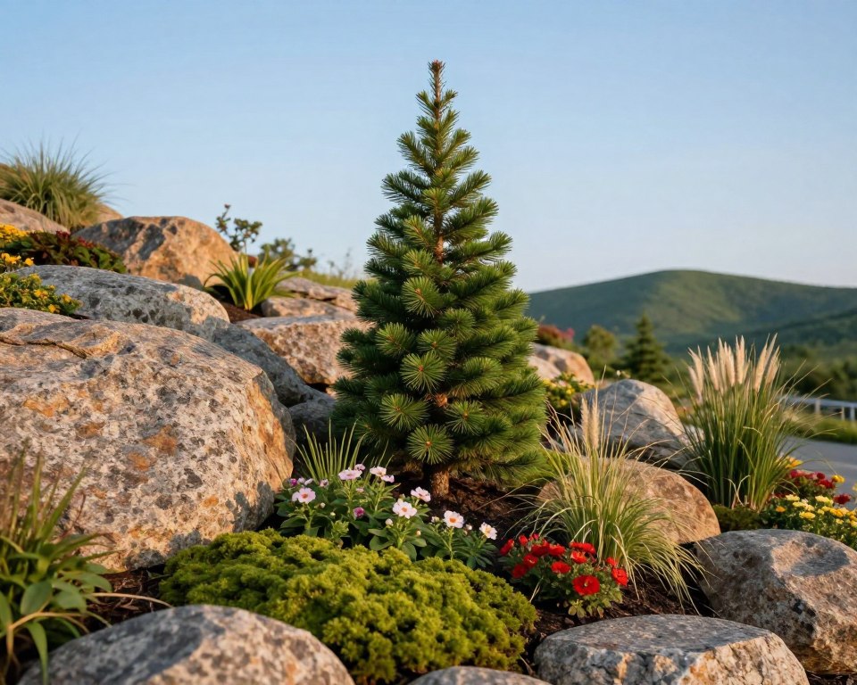A beautifully arranged rocky garden featuring a vibrant Picea glauca 'Conica' (Conical Spruce) as the central focus. In the foreground, lush green moss and small vibrant flowers complement the spruce, while carefully placed stones create a natural pathway. The middle ground showcases the prominently placed Conica, with its lush, conical shape standing tall among various granite boulders and ornamental grasses, adding texture and color. In the background, a gentle slope leads to a serene landscape dotted with soft green hills under a clear blue sky. The lighting is warm and inviting, casting soft shadows that enhance the tranquil atmosphere. A low-angle view captures the height and stature of the Conica nestled within the rocks, creating a harmonious blend of nature’s elements.