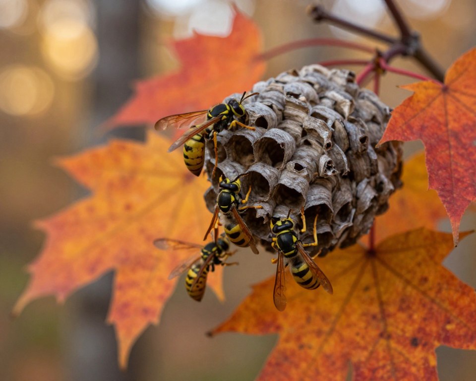 A close-up of wasps leaving their nest in autumn, capturing intricate details of their bodies with delicate yellow and black patterns. In the foreground, a few wasps fly from the nest, their wings glistening in the soft, golden light of a late afternoon. The middle ground features a natural wasp nest, made from grey paper-like material, surrounded by vibrant, orange and red leaves, signifying the fall season. In the blurred background, a soft bokeh effect of a subdued forest setting adds depth, with hints of sunlight filtering through branches. The image exudes a serene yet dynamic atmosphere, illustrating the transition of wasps leaving their home as autumn settles in. The lighting is warm and inviting, emphasizing the changing season. A close-up of wasps leaving their nest in autumn, capturing intricate details of their bodies with delicate yellow and black patterns. In the foreground, a few wasps fly from the nest, their wings glistening in the soft, golden light of a late afternoon. The middle ground features a natural wasp nest, made from grey paper-like material, surrounded by vibrant, orange and red leaves, signifying the fall season. In the blurred background, a soft bokeh effect of a subdued forest setting adds depth, with hints of sunlight filtering through branches. The image exudes a serene yet dynamic atmosphere, illustrating the transition of wasps leaving their home as autumn settles in. The lighting is warm and inviting, emphasizing the changing season.