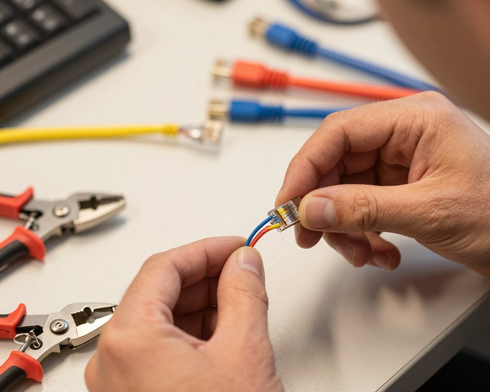 A close-up view of an RJ45 Standard B connector being meticulously assembled. In the foreground, a professional technician wearing a modest casual shirt is carefully aligning the wires, which are color-coded according to the T568B wiring standard. Tools like wire cutters and crimpers are visible nearby. The middle ground features a partially stripped Ethernet cable with clearly defined inner wires showing the correct order for termination. The background includes a workbench with additional tools and spare connectors, softly lit to create an organized workspace atmosphere. The scene is captured from a slightly elevated angle, emphasizing precision and focus, with a warm, well-lit ambiance that conveys a sense of professionalism and attention to detail.
