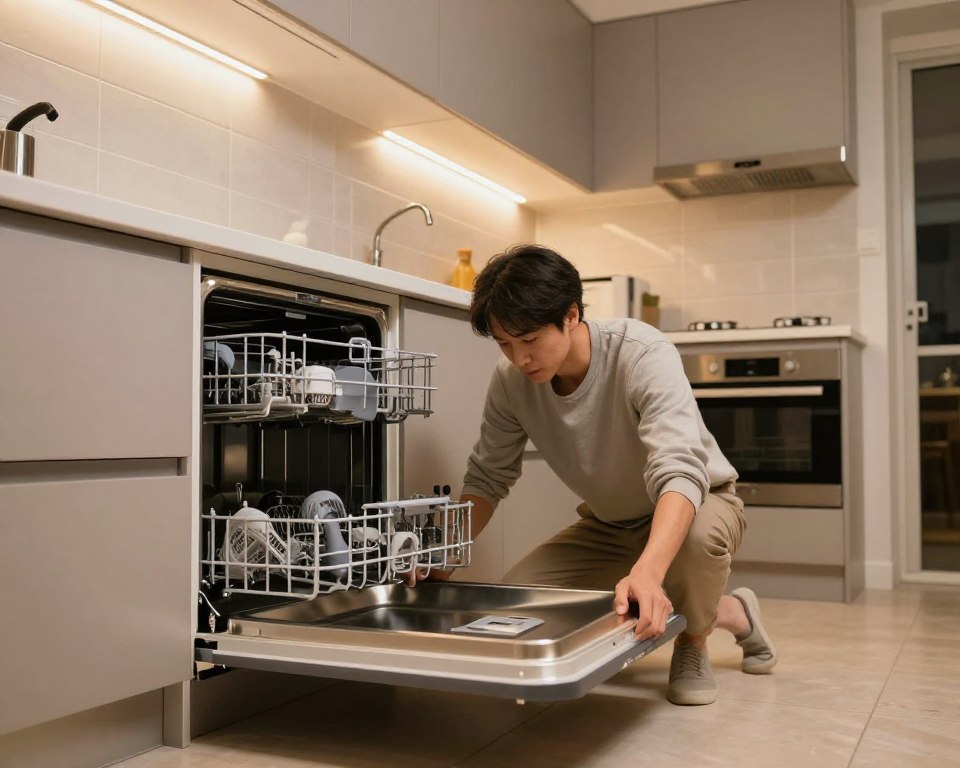 A contemporary kitchen scene featuring a person in modest casual clothing carefully removing a built-in dishwasher from cabinetry. The foreground showcases the dishwasher being pulled out, with the person's hands gripping the sides. The middle ground includes sleek kitchen cabinets, a tiled backsplash, and countertop appliances to convey an organized, modern setting. Soft, warm lighting illuminates the scene from a ceiling fixture, creating a cozy atmosphere. A wide-angle view captures the entire kitchen layout, emphasizing the task at hand while keeping the focus on the dishwasher removal process. The overall mood is focused and instructional, ideal for a detailed tutorial on the subject.