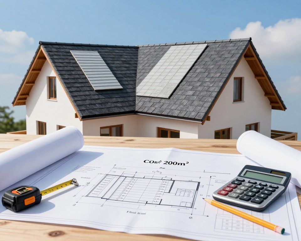 A detailed architectural display showcasing the estimated cost calculation for a roof replacement of a 200m² area. In the foreground, a large drafting table filled with blueprints, a calculator, and tools like a measuring tape and pencil. The middle ground presents a realistic 3D model of a house with a partially completed new roof, demonstrating various roofing materials such as shingles and tiles. The background features a clear blue sky with a hint of clouds, emphasizing a perfect working day. The lighting is bright and natural, highlighting the items on the table and creating shadows that add depth. The overall mood is professional and informative, suitable for a construction or home improvement theme. A detailed architectural display showcasing the estimated cost calculation for a roof replacement of a 200m² area. In the foreground, a large drafting table filled with blueprints, a calculator, and tools like a measuring tape and pencil. The middle ground presents a realistic 3D model of a house with a partially completed new roof, demonstrating various roofing materials such as shingles and tiles. The background features a clear blue sky with a hint of clouds, emphasizing a perfect working day. The lighting is bright and natural, highlighting the items on the table and creating shadows that add depth. The overall mood is professional and informative, suitable for a construction or home improvement theme.