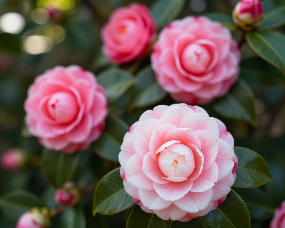 A detailed close-up of a young camellia flower in various stages of blooming, set against a soft, blurred background of lush greenery. In the foreground, show the delicate petals gradually unfurling, displaying shades of vibrant pink and white, showcasing the intricate textures and patterns. The middle layer features a few fully bloomed camellias, emphasizing their waxy surfaces and rich colors, while still showing some buds preparing to bloom. The background should consist of verdant leaves dappled with soft sunlight filtering through, creating a serene and warm atmosphere. Capture this scene with a shallow depth of field to focus on the flowers, using soft, natural lighting to enhance the gentle, inviting mood of springtime blossoming.