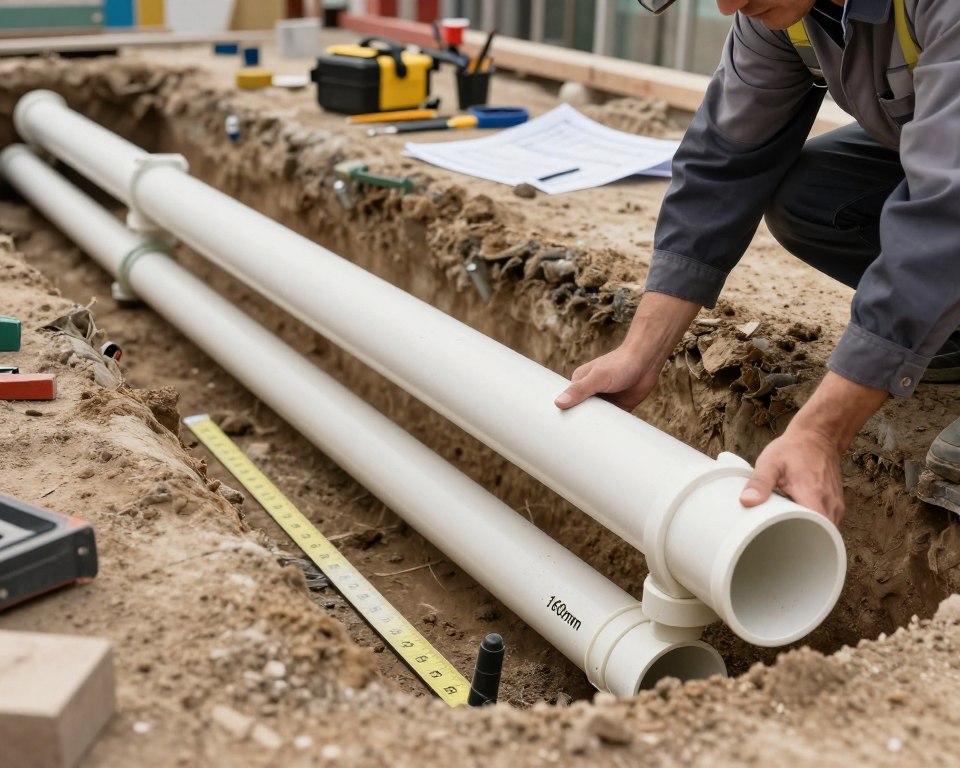 A detailed construction scene featuring the installation of PVC drainage pipes with a diameter of 160mm, showcasing the correct slope angle. In the foreground, a professional plumber in business attire is carefully positioning the pipes, ensuring they maintain the proper angle for effective drainage. In the middle ground, the partially dug trench reveals the fitted pipes, with visible slope marking and measurements highlighted. The background displays a construction site with tools, safety equipment, and blueprints scattered around, under soft natural lighting that emphasizes a clear, productive atmosphere. The focus is sharp, with a slightly wide-angle lens capturing the depth of the scene, creating a sense of professionalism and diligence in the installation process.