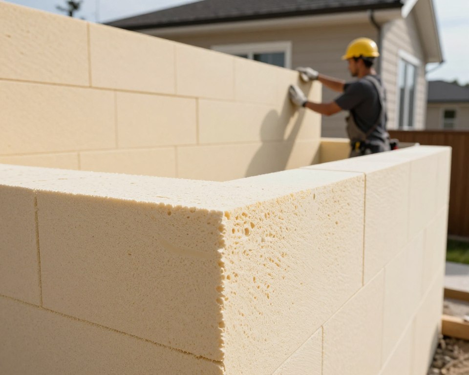 A detailed depiction of a 40 cm thick styropian facade wall showcasing various qualities and textures of styropian material. In the foreground, include a close-up view of clean-cut edges displaying the smooth, insulative surface of a styropian block. The middle section should illustrate a wall construction scene where a professional installer applies the styropian, emphasizing precision and care. The background should feature a modern home under bright daylight, highlighting the energy-efficient properties of the material. Use natural lighting to create soft shadows, enhancing the texture of the styropian. Aim for a professional, informative atmosphere that conveys the advantages of selecting high-quality styropian for energy efficiency and insulation in construction.