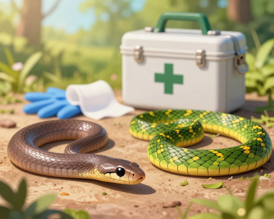 A detailed illustration depicting a close-up of two distinct snakes: a slowworm (ukąszenie padalca) and an European grass snake (zaskroniec), positioned in the foreground. The slowworm, with its smooth, shiny skin that resembles a lizard, is coiled slightly, showcasing its delicate features. The grass snake, more vibrant with striking green and yellow patterns, is resting nearby, symbolizing a contrasting environment. In the middle ground, include a small first aid kit, with a pair of gloves and gauze visibly displayed, indicating the treatment process for bites. The background should be a blurred natural setting, hinting at a lush green landscape bathed in soft, warm sunlight, creating a serene yet educational atmosphere. Capture this scene with a focus lens, emphasizing the snakes while maintaining a clear depth of field.