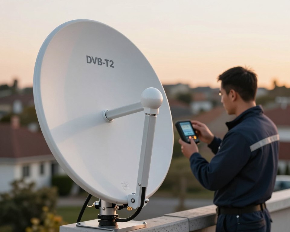 A detailed image showcasing a DVB-T2 antenna with a focus on its technical design and frequency capabilities. In the foreground, the antenna stands prominently, highlighting its sleek metal construction and unique features like the mounting bracket and coaxial cable connections. In the middle ground, a technician is carefully adjusting the antenna, dressed in professional attire, observing the signal strength on a handheld digital device. The background is a suburban landscape during early evening, with soft golden hour lighting creating a warm, inviting atmosphere. The scene captures the essence of technology and expertise, emphasizing clarity and precision, without any distractions or text elements in the image.