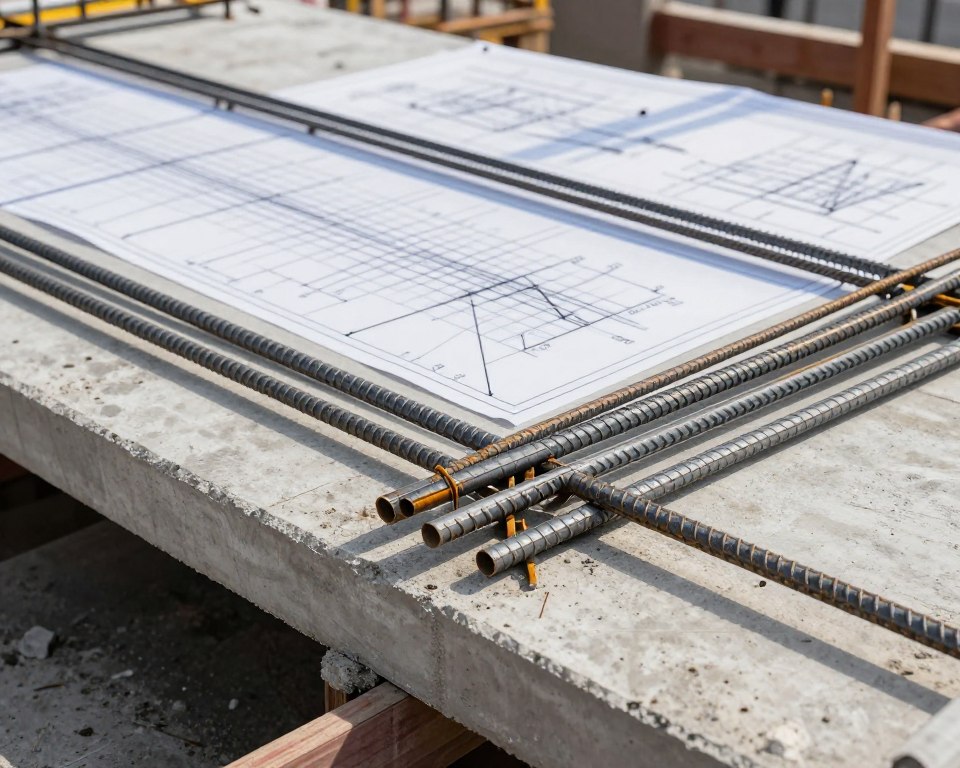 A detailed technical drawing of a reinforced concrete slab, showcasing elements of reinforcement with clear annotations. In the foreground, depict precise steel rebar arrangements, including varying diameters and spacing, emphasizing structural integrity. The middle ground should feature a measurement grid overlay, highlighting dimensions and angles as if viewed from an architect's drafting table. The background includes faint outlines of a construction site, subtly blended to avoid distraction. The lighting should mimic daylight, illuminating the drawing while casting soft shadows, enhancing the 3D effect of the rebar. The atmosphere should convey professionalism and precision, suitable for an engineering context, capturing the meticulous nature of construction planning. No text or watermarks present.