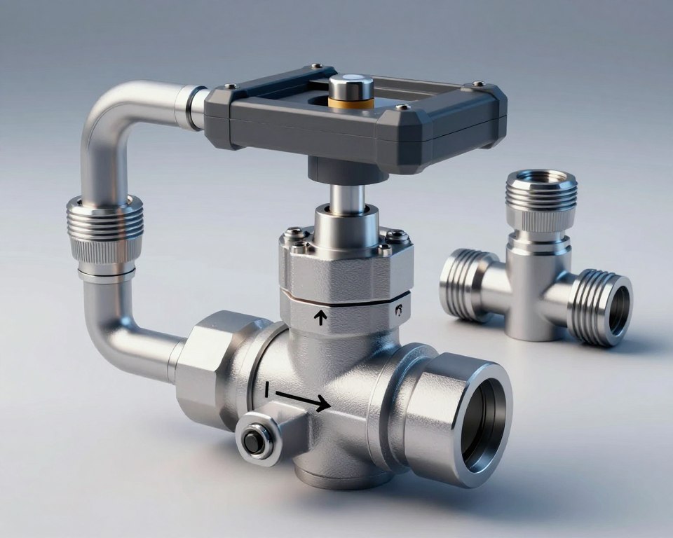 A detailed technical illustration of a three-way valve with an actuator, showcasing its connection schematic. In the foreground, the valve is prominently displayed, featuring distinct sections labeled with arrows indicating flow directions. The middle layer includes connecting pipes and fittings that surround the valve, all rendered in sleek metallic textures for clarity. The background is a subtle gradient that enhances visibility without distracting from the main subject. Natural lighting accentuates the components, casting gentle shadows for depth. The angle captures the assembly from a slightly elevated perspective, providing an informative and engaging view. The overall mood is professional and technical, suitable for an engineering guide. A detailed technical illustration of a three-way valve with an actuator, showcasing its connection schematic. In the foreground, the valve is prominently displayed, featuring distinct sections labeled with arrows indicating flow directions. The middle layer includes connecting pipes and fittings that surround the valve, all rendered in sleek metallic textures for clarity. The background is a subtle gradient that enhances visibility without distracting from the main subject. Natural lighting accentuates the components, casting gentle shadows for depth. The angle captures the assembly from a slightly elevated perspective, providing an informative and engaging view. The overall mood is professional and technical, suitable for an engineering guide.