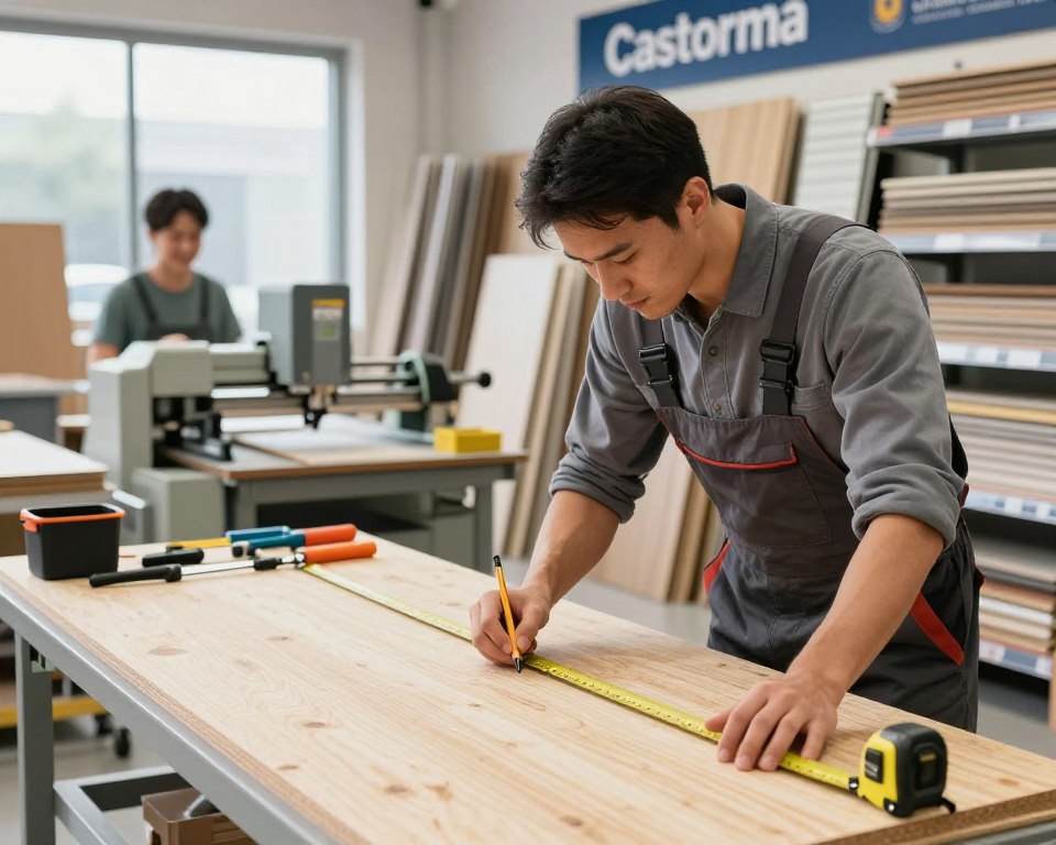 A professional workspace focused on the process of measuring and cutting sheet materials at a Castorama store. In the foreground, a skilled worker in professional attire measures a large sheet of plywood, using a tape measure and a pencil, with a cutting tool nearby. In the middle ground, a neatly organized workstation with cutting machinery, tools, and safety equipment, with a friendly atmosphere. The background features shelves stocked with different types of sheets and materials, showcasing the store's offerings. Soft, natural lighting streams in from large windows, creating a bright and inviting environment. The mood is focused and efficient, reflecting a sense of professionalism and craftsmanship in the sheet cutting process.