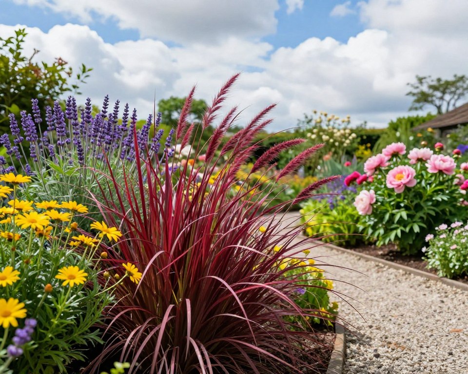 A vibrant garden scene featuring "Red Baron" ornamental grass prominently in the foreground, its deep red blades swaying gently in the breeze. Surrounding the grass, a mix of colorful flowering plants such as yellow daisies, purple lavender, and soft pink peonies harmoniously blend, creating a lush and inviting display. In the middle ground, a gravel path meanders through the garden, leading the eye deeper into the scene. The background showcases a bright blue sky with fluffy white clouds casting soft, dappled light across the plants, enhancing their vibrant colors. The atmosphere is serene and welcoming, perfect for showcasing companion planting ideas. The scene is captured with a natural lens angle to emphasize the texture of the foliage and the overall lushness of the garden.