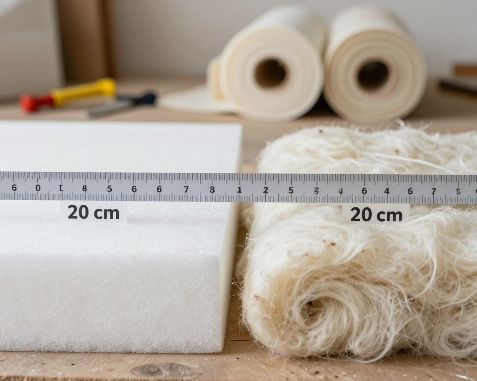 A visually informative comparison of insulation materials, focusing on the thickness of foam versus wool. In the foreground, display a section of 20 cm thick foam beside a similar volume of wool insulation, emphasizing their differences in appearance and texture. The middle layer features a labeled ruler or measurement tool, indicating the actual thickness with clear distinctions between the two materials. In the background, a softly lit workshop environment showcases additional rolls of insulation material, with tools for installation subtly placed. Ensure even, natural lighting highlights the textures of foam and wool, evoking a professional, educational atmosphere. The composition should convey a detailed examination of insulation thickness, inviting curiosity and engagement in the topic.