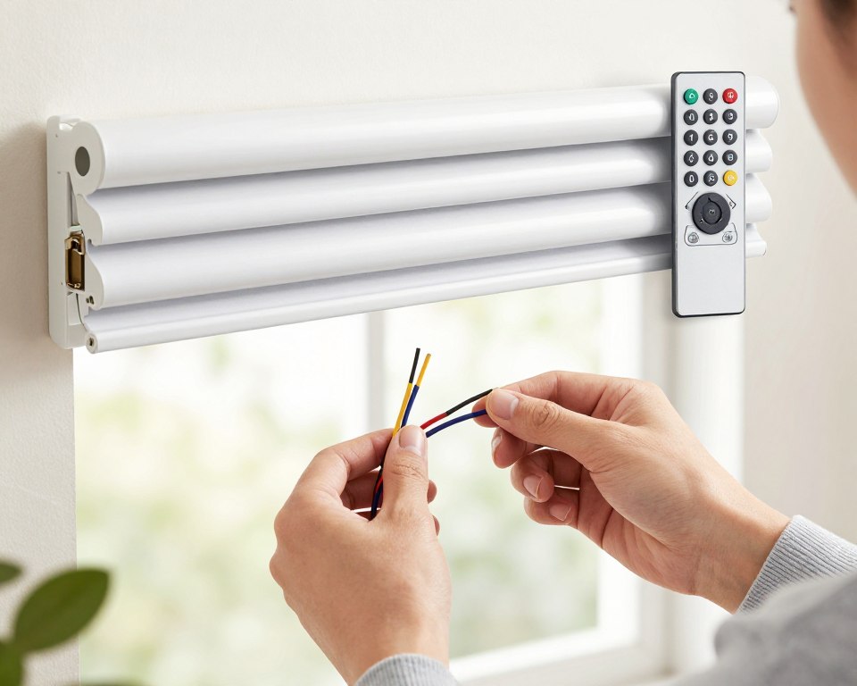 A well-lit and detailed illustration showing a step-by-step guide for connecting a wired roller blind with a remote control. In the foreground, a pair of hands, wearing modest casual attire, is manipulating five color-coded wires, focusing on the connection points. The middle ground features a close-up of the roller blind mechanism and the remote control, emphasizing the technical components. The background is a softly blurred room setting with natural light filtering through a window, creating a calm and informative atmosphere. The camera angle is slightly above eye level, capturing the action clearly while maintaining a professional tone throughout the composition. A well-lit and detailed illustration showing a step-by-step guide for connecting a wired roller blind with a remote control. In the foreground, a pair of hands, wearing modest casual attire, is manipulating five color-coded wires, focusing on the connection points. The middle ground features a close-up of the roller blind mechanism and the remote control, emphasizing the technical components. The background is a softly blurred room setting with natural light filtering through a window, creating a calm and informative atmosphere. The camera angle is slightly above eye level, capturing the action clearly while maintaining a professional tone throughout the composition.