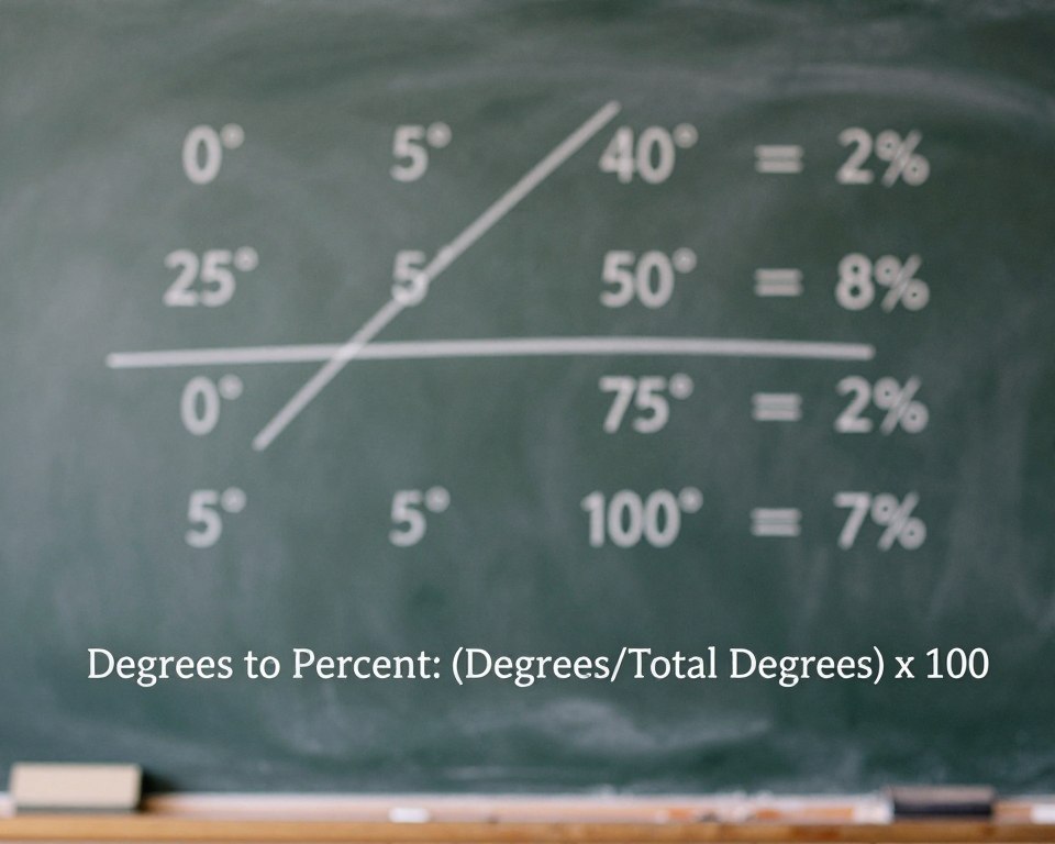 A well-organized, visually appealing diagram illustrating the mathematical formula for converting degrees to percentages. In the foreground, prominently feature a clean, easy-to-read equation: "Degrees to Percent: (Degrees/Total Degrees) x 100". In the middle ground, include varied examples of degree values, such as 0°, 25°, 50°, 75°, and 100°, with accompanying percentage conversions. The background should consist of a softly blurred chalkboard or whiteboard texture to enhance the educational theme. Employ warm, natural lighting to create an inviting atmosphere, while using a standard lens to keep the focus sharp on the educational content. Overall, the mood should be informative and engaging, suitable for a learning context.