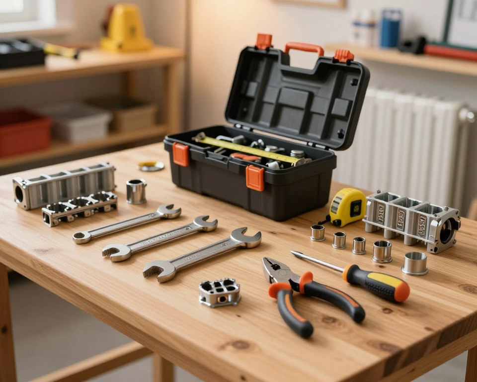 A well-organized workshop scene depicting tools arranged for radiator capping preparation. In the foreground, a clean wooden workbench displays precision tools like a wrench, a pair of pliers, and a screwdriver, all neatly aligned. The middle ground features an open toolbox with additional equipment like measuring tape and fittings surrounded by a few radiator parts. In the background, softly lit shelves hold larger tools and supplies, with warm light illuminating the entire space, creating a cozy, inviting atmosphere for DIY enthusiasts. The scene is captured from a slight overhead angle, emphasizing the orderly setup and preparing the viewer for the task at hand, evoking a sense of readiness and focus.