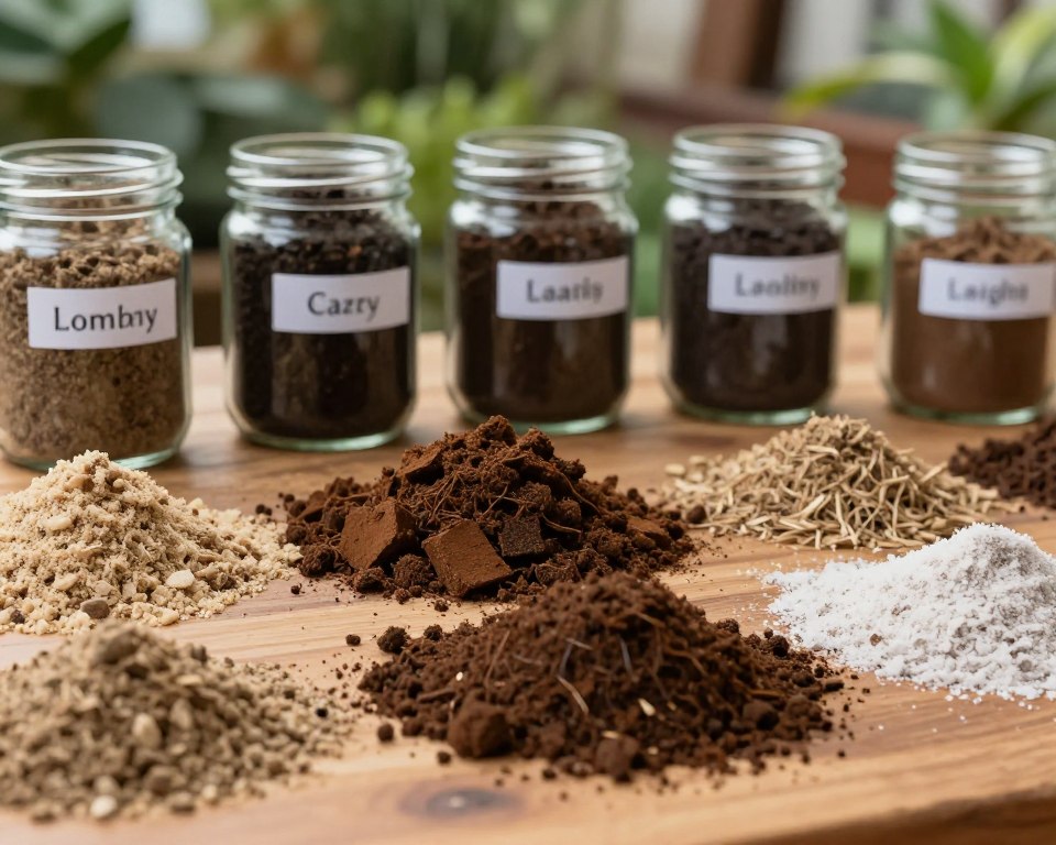 An array of different types of soil displayed on a wooden table, each sample clearly labeled and segmented, showcasing rich colors and textures. In the foreground, close-up details of sandy soil, clay, loamy soil, and silt, revealing their unique grains and moisture levels. In the middle ground, jars filled with soil samples, arranged neatly with subtle labels for identification. The background features a blurred garden, giving an organic setting, directly relates to earth and gardening. Soft, natural lighting highlights the textures of the soil, casting gentle shadows. A macro lens focus emphasizes the clarity of each soil type, conveying a professional and educational atmosphere. The overall mood is informative and inviting, perfect for a practical guide related to soil weight. An array of different types of soil displayed on a wooden table, each sample clearly labeled and segmented, showcasing rich colors and textures. In the foreground, close-up details of sandy soil, clay, loamy soil, and silt, revealing their unique grains and moisture levels. In the middle ground, jars filled with soil samples, arranged neatly with subtle labels for identification. The background features a blurred garden, giving an organic setting, directly relates to earth and gardening. Soft, natural lighting highlights the textures of the soil, casting gentle shadows. A macro lens focus emphasizes the clarity of each soil type, conveying a professional and educational atmosphere. The overall mood is informative and inviting, perfect for a practical guide related to soil weight.