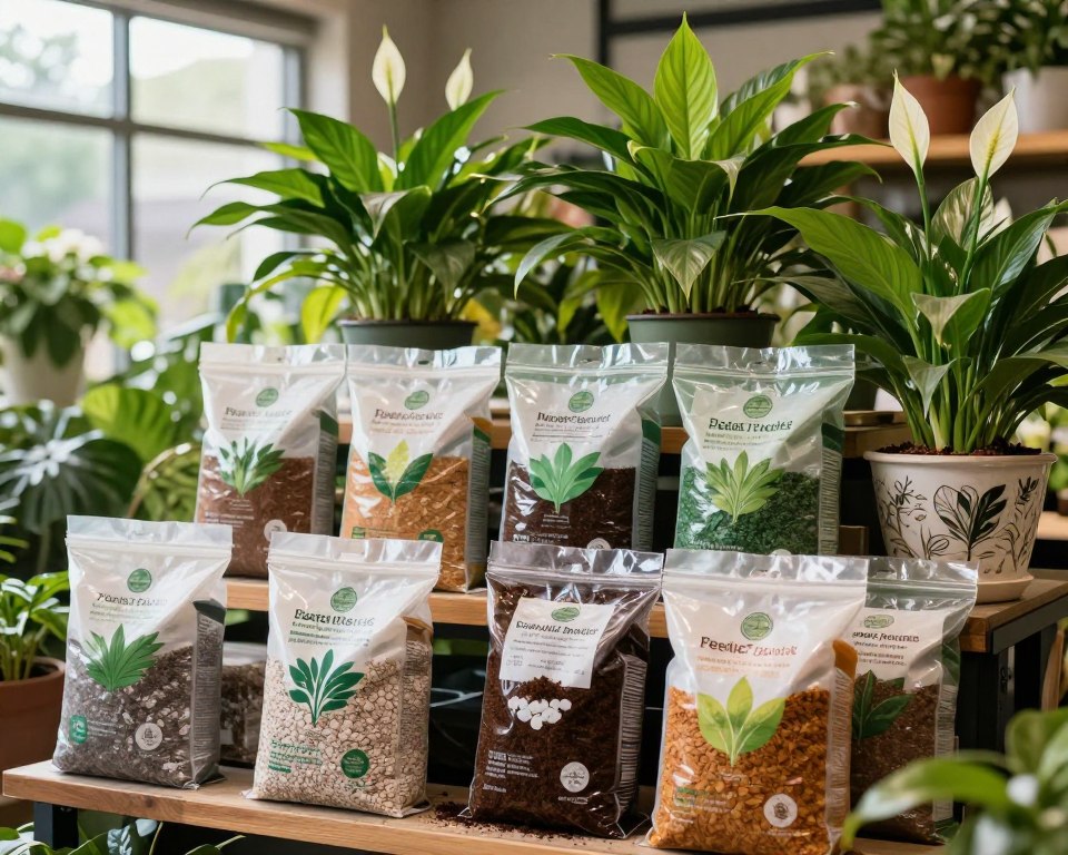 A beautifully arranged display of potting soil mixes specifically designed for peace lilies, showcasing various textures and colors of premium soil blends in a garden shop setting. In the foreground, several bags of earth labeled with appealing graphics, each distinct, showcasing ingredients like peat, perlite, and organic matter. In the middle, a neatly organized shelf filled with these bags, highlighting the theme of optimal soil for peace lilies. The background features softly blurred images of vibrant green peace lilies in decorative pots, bathed in warm, natural light coming from a large window. The atmosphere is inviting and serene, evoking a sense of care and expertise in plant nurturing. Use a shallow depth of field to focus on the soil mixes while maintaining the ambiance of a lively horticultural environment.