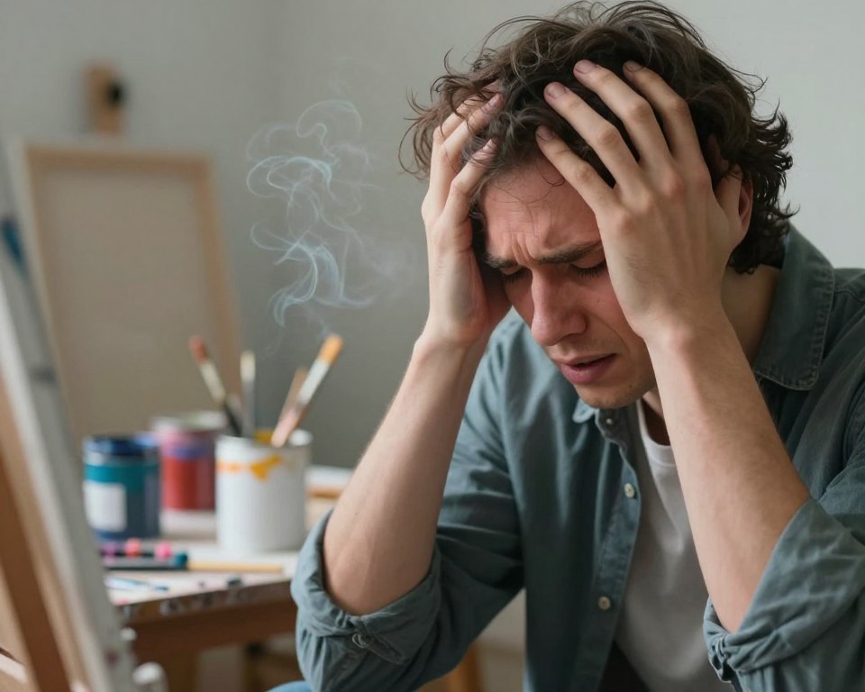 A close-up view of a person exhibiting symptoms of paint fume inhalation, showcasing a look of discomfort and distress. The foreground features the individual, dressed in moderately casual clothing, with a worried expression while holding their head, surrounded by faint swirls of paint fumes to evoke the toxic atmosphere. The middle background shows an artist's workspace cluttered with paint cans, brushes, and a half-finished canvas, enhancing the scene’s context. Soft, diffused lighting creates a slightly gloomy mood, emphasizing the seriousness of the situation. A shallow depth of field focuses on the person while softly blurring the background, drawing the viewer's attention to their symptoms and the surrounding environment, capturing the essence of paint fume poisoning.