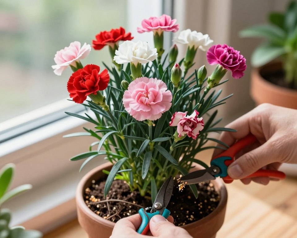 A close-up view of a vibrant potted carnation plant with lush green leaves, showcasing detailed, colorful blossoms in shades of pink, red, and white. The foreground features a gardener's hands gently tending to the plant, using pruning shears to remove wilted flowers. In the middle, soft soil and organic fertilizer are visible, indicating nurturing care. The background features a bright, sunlit window with soft, natural light spilling in, illuminating the scene and creating gentle shadows. The atmosphere is warm and inviting, reflecting a tranquil gardening environment. The focus is sharp on the flowers and hands, while the background remains slightly blurred to enhance depth.