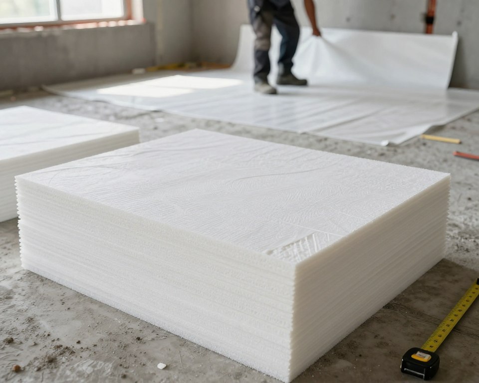 A construction site illustrating the preparation of polystyrene insulation for a concrete screed. In the foreground, neatly stacked sheets of white polystyrene are arranged, some showing texture details. Moving to the middle ground, a worker dressed in professional attire is carefully placing a layer of waterproof membrane over the polystyrene, showcasing the step-by-step process. The background features an unfinished room, with exposed walls and a concrete floor, partially lit by daylight through a window, casting soft shadows. The atmosphere is one of focus and precision, with tools like a trowel and measuring tape visible, emphasizing the methodical approach to this construction task. The overall composition conveys clarity, organization, and professionalism. A construction site illustrating the preparation of polystyrene insulation for a concrete screed. In the foreground, neatly stacked sheets of white polystyrene are arranged, some showing texture details. Moving to the middle ground, a worker dressed in professional attire is carefully placing a layer of waterproof membrane over the polystyrene, showcasing the step-by-step process. The background features an unfinished room, with exposed walls and a concrete floor, partially lit by daylight through a window, casting soft shadows. The atmosphere is one of focus and precision, with tools like a trowel and measuring tape visible, emphasizing the methodical approach to this construction task. The overall composition conveys clarity, organization, and professionalism.