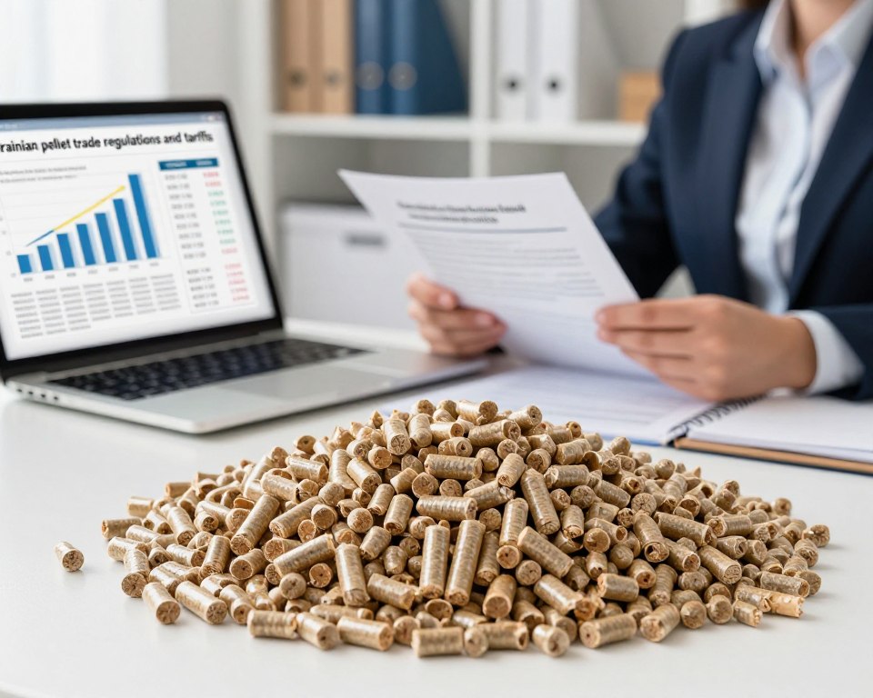 A detailed and informative still-life composition illustrating "Ukrainian pellet trade regulations and tariffs." In the foreground, a neatly arranged stack of wood pellets in natural hues, emphasizing texture and granularity. To the left, a professional-looking laptop displaying graphs and charts related to tariff rates, sleek and modern design. In the middle ground, a focused individual in business attire, reviewing documents related to import regulations, projecting a sense of determination and professionalism. The background features a soft-focus office environment with shelves containing books on international trade and regulations. Bright, natural lighting illuminates the scene, enhancing clarity and giving a sense of optimism. The mood is serious yet hopeful, suitable for a guide on customs regulations.