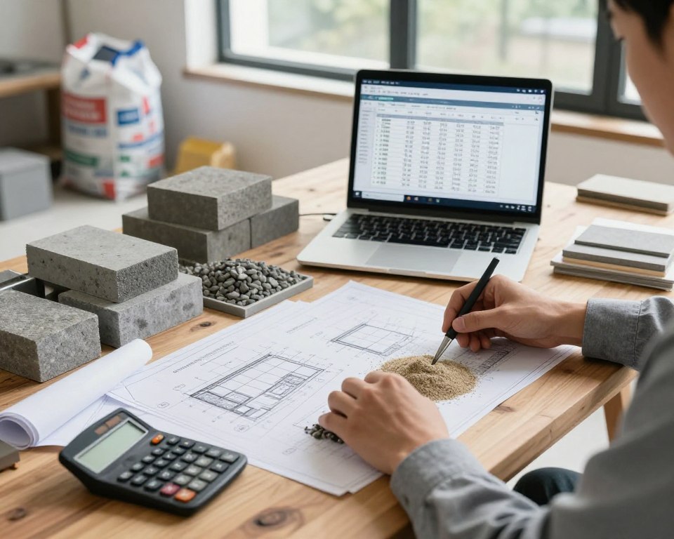 A detailed and organized workspace for calculating the cost of a foundation for paving stones. In the foreground, a sturdy wooden desk is cluttered with blueprints and a calculator. A pair of professional hands, wearing modest business attire, are measuring gravel and sand samples with precise tools. In the middle ground, a laptop displays a spreadsheet with calculations for materials and labor costs. Various construction materials like bricks and gravel bags are neatly arranged nearby. In the background, a large window allows natural light to flood the room, creating an analytical and focused atmosphere. The overall mood is professional and efficient, suggesting a methodical approach to cost assessment. The angle is slightly elevated, capturing both the workspace and the materials involved.