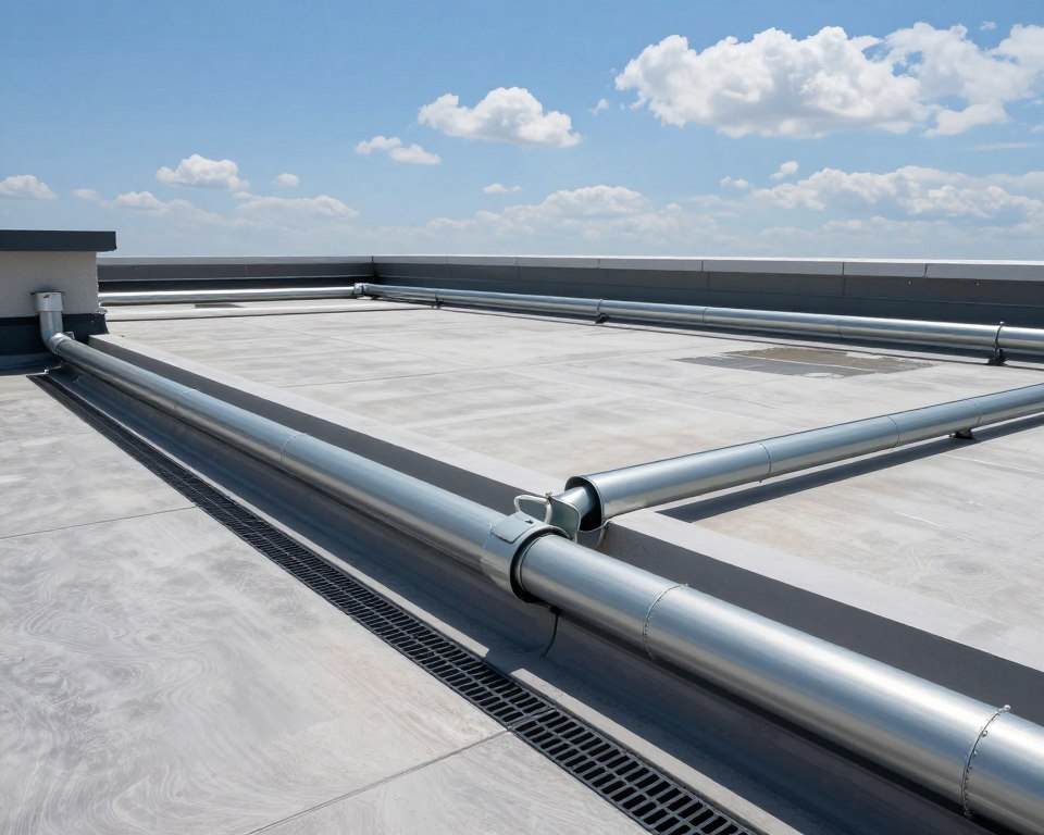 A detailed illustration of an outdoor flat roof drainage system. In the foreground, show various components like downspouts, gutter channels, and drainage grates designed for a flat roof. The middle section features a well-maintained, modern flat roof with visible water pooling in designated drainage areas. The background includes a clear blue sky with a few fluffy clouds, emphasizing a sunny day. The image should convey a sense of functionality and engineering efficiency, with a focus on high-quality materials such as metal and PVC. The lighting should be bright and natural, highlighting the textures of the roofing materials, while the angle is slightly elevated to provide a comprehensive view of the drainage system. No human figures or text are present in the scene.
