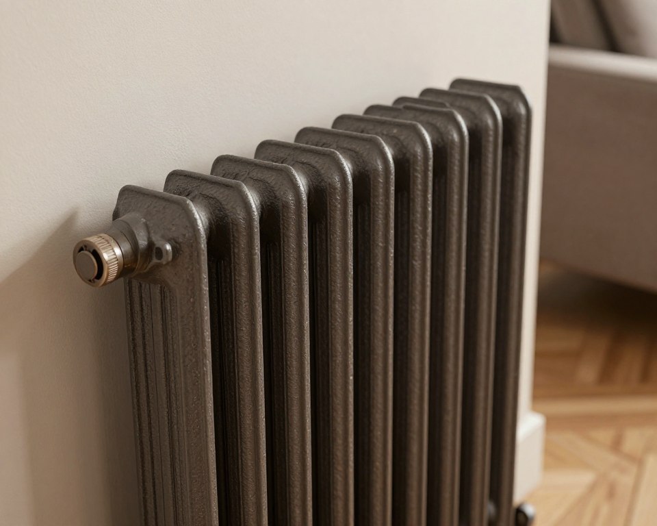 A detailed image of a cast iron radiator featuring ten horizontal fins, prominently positioned in the foreground. The radiator has a vintage design with subtle texture, showcasing its heavy-duty metal construction. Illuminate the scene with soft, warm lighting to evoke a sense of coziness, typical of a well-heated room. Place the radiator against a lightly textured wall, with a hint of a wooden floor beneath it to suggest an indoor setting. In the background, include soft-focus elements like a modern living room with minimalistic furniture, enhancing the sense of home. The angle should be slightly elevated, capturing both the prominent structure of the radiator and the inviting atmosphere of the space around it. A detailed image of a cast iron radiator featuring ten horizontal fins, prominently positioned in the foreground. The radiator has a vintage design with subtle texture, showcasing its heavy-duty metal construction. Illuminate the scene with soft, warm lighting to evoke a sense of coziness, typical of a well-heated room. Place the radiator against a lightly textured wall, with a hint of a wooden floor beneath it to suggest an indoor setting. In the background, include soft-focus elements like a modern living room with minimalistic furniture, enhancing the sense of home. The angle should be slightly elevated, capturing both the prominent structure of the radiator and the inviting atmosphere of the space around it.